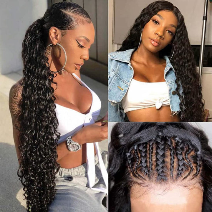 13X6 Deep Wave Lace Front Wigs Human Hair 200% Density HD Transparent Lace Frontal Wig for Black Women Glueless Wigs Pre Plucked with Baby Hair Natural Hair Black Color Deep Wave Wig(18Inch)