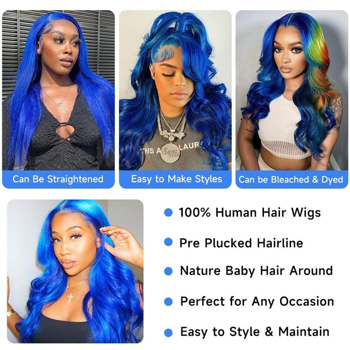 Blue Body Wave Wigs Human Hair 13X4 HD Dark Blue Lace Front Wigs Pre Plucked