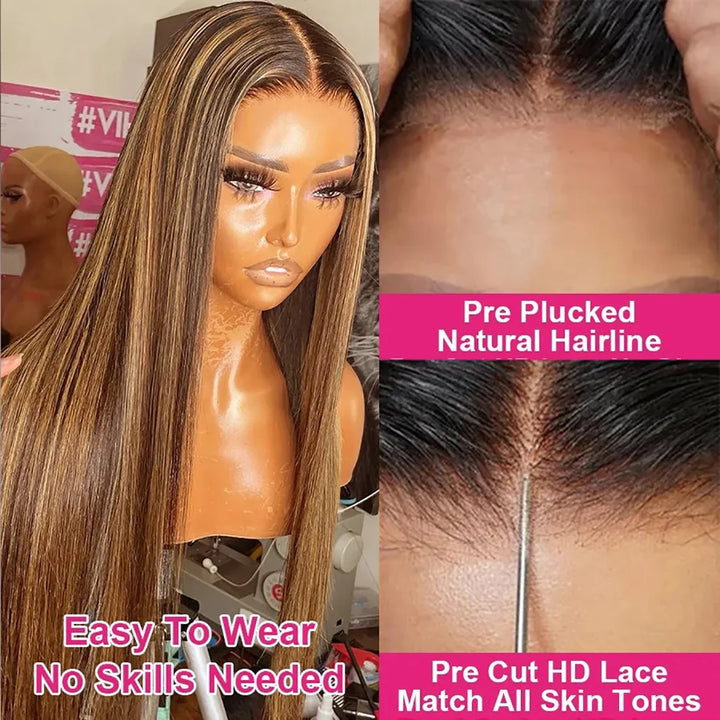 Wear and Go Glueless Wigs Human Hair 4/27 Highlight Straight 4X4 Lace Front Wigs 28 Inch Pre Plucked Colored Wig for Beginners Straight Pre Cut Honey Blonde Wigs Human Hair for Women