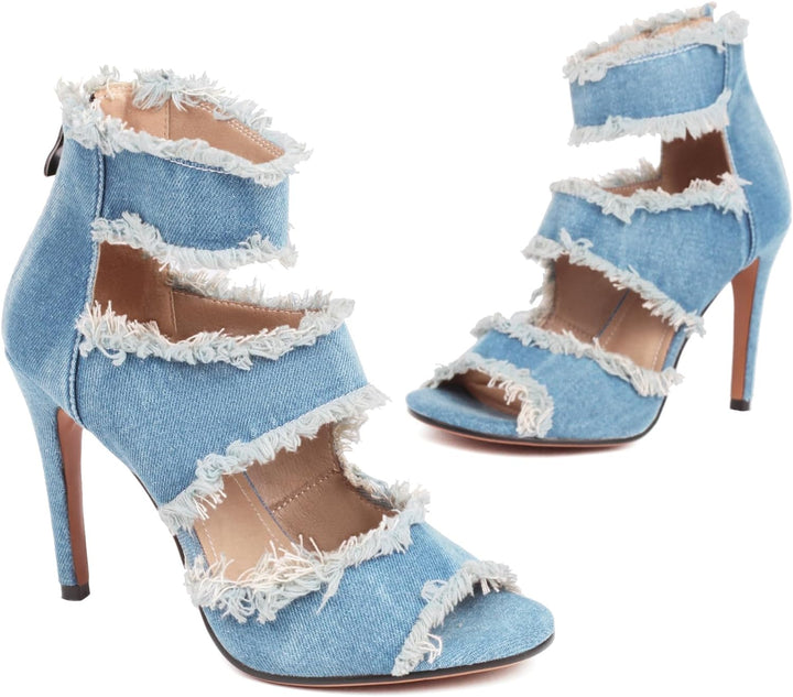 Women‘S Denim Heels Ankle Strap Peep Toe Heeled Sandals