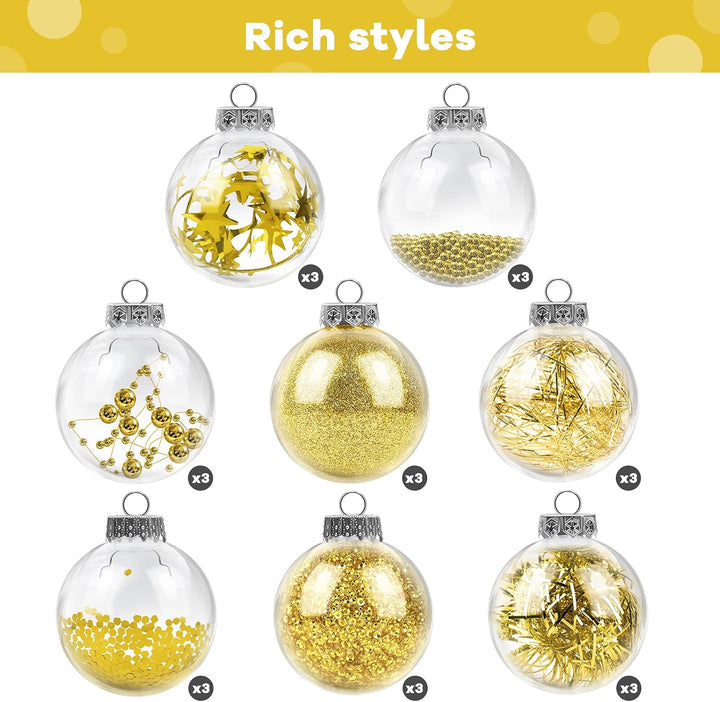 24 Pieces 2.36 Inches Plastic Christmas Balls 8 Designs Shatterproof Decorative Balls Baubles Christmas Hanging Ornaments with Stuffed Delicate Decorations, Gold