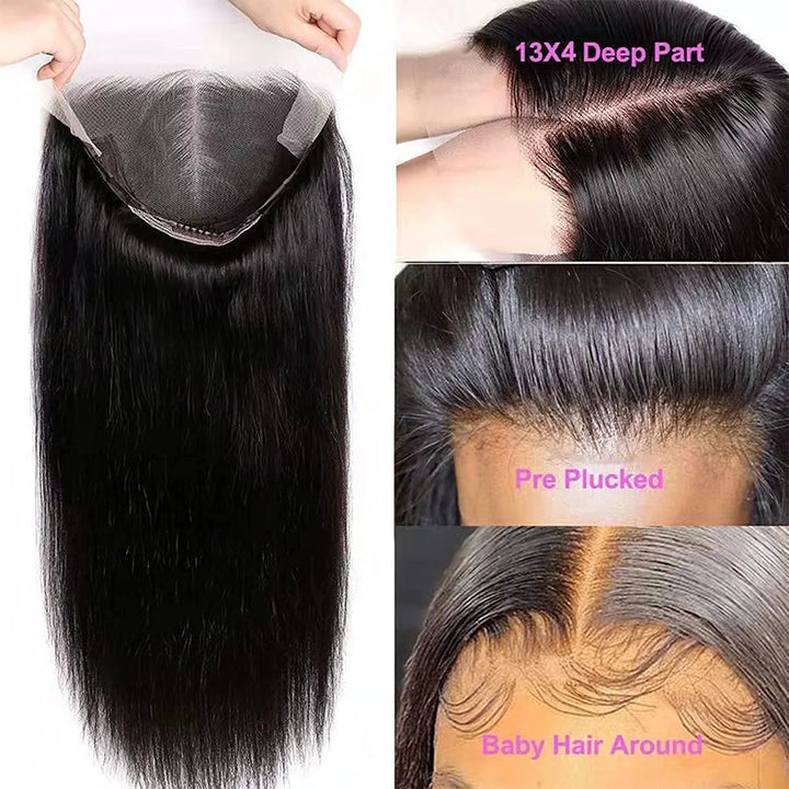 Brazilian Hair Wigs Straight 13X4 Lace Front Wigs Human Hair Lace Frontal Human Hair Wigs for Blak Women 180 Density Pre Plucked Remy Virgin Hair Natural Black Color 24 Inch