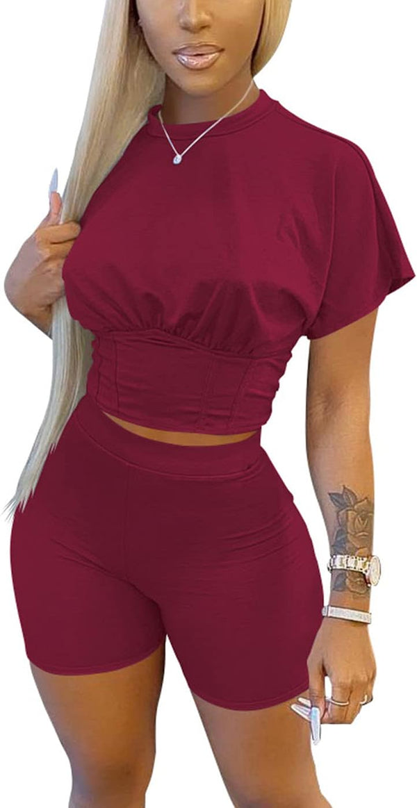 Solid Color Two Piece Outfits for Women，Long Sleeve Crop Top and Bodycon Pants Joggers Clubwear Tracksuit Sweatsuit