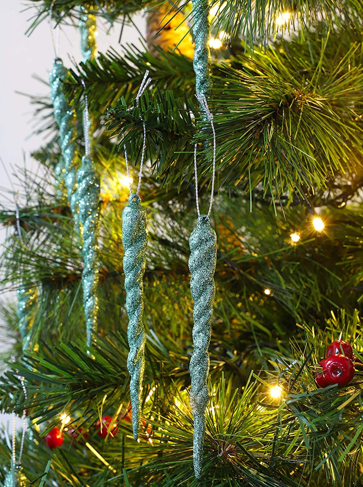 ® 12Cm Glitter Icicle Decorations - Luxury Christmas Tree Trims (Mint Green, Pack of 20)