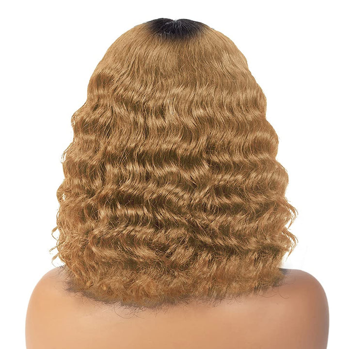 Short Curly Human Hair Wigs for Black Women Ombre Blonde Lace Front Wig Human Hair with Middle Part Natural Short Curly Deep Wave Lace Bob Wigs for Daily Party Use 12 Inch