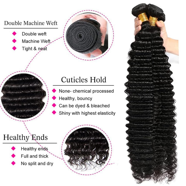 Deep Wave Bundles Human Hair (10 12 14 Inch) Deep Curly 3 Bundles Double Weft Natural Color for Black Women Deep Wave Bundles 100% Unprocessed Brazilian Virgin Remy Hair