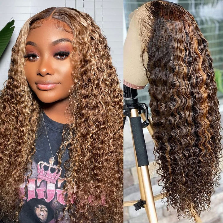 Highlight Water Wave Transparent Lace Front Wigs Human Hair Pre Plucked 20 Inch 180% Density #4/27 Ombre Colored Glueless Curly Wave Honey Blonde Hair Wigs for Women