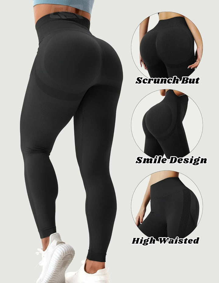 Women'S High Waist Scrunch Butt Lift Leggings Workout Seamless Booty Tummy Control Smile Contour Yoga Pants Black S