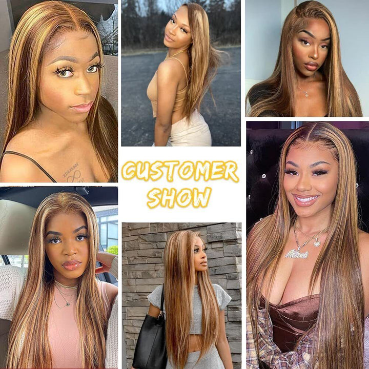 13×4 4/27 Highlight Colored Straight HD Lace Front Wigs Human Hair with Gifts