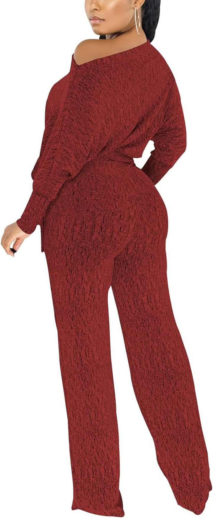 Sexy Sparkly Sequin Jumpsuits for Women Elegant plus Size off Shoulder Long Sleeves Wide Leg Pants Clubwear Rompers,Wine Red