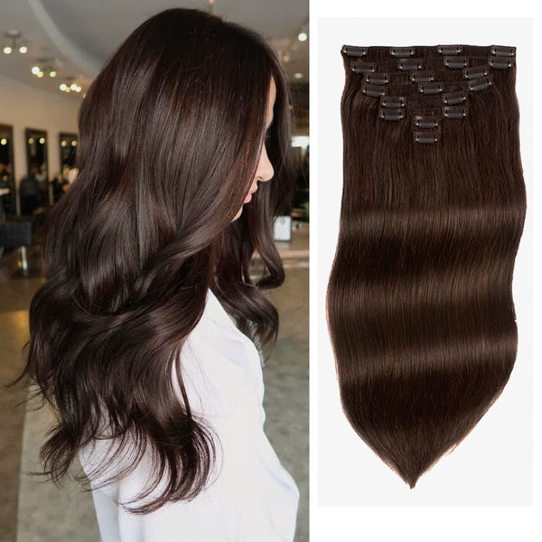 Clip in Hair Extensions Real Human Hair, 14Inch 8Ps 120G Handmade Real Human Hair Clip in Extensions Soft Silky Straight Dark Brown Hair Extensions Clip in Human Hair for Black Women