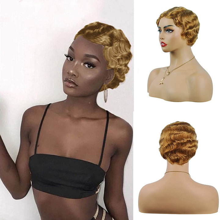 Short Pixie Cut Wig Short Wigs Finger Wave Wig for Black Women Brazilian Non-Remy Human Hair Wigs Full Machine Made Wigs Cheap Human Hair Wigs（Blonde 27#）