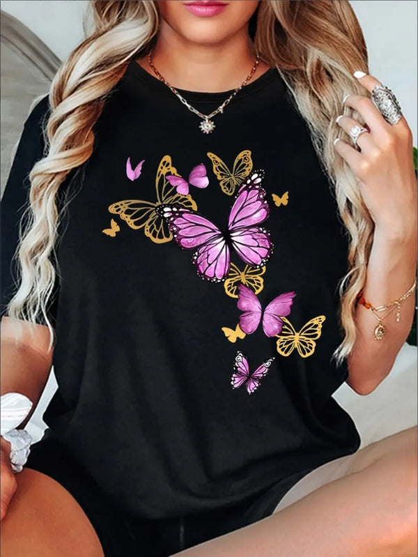 Women's Butterfly Print Casual Summer T-Shirt, Crew Neck Short Sleeve Top, Lightweight & Comfortable Style