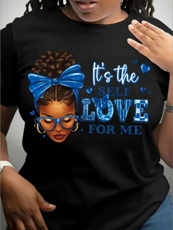 Women'S Casual Cotton T-Shirt, Crew Neck, Short Sleeve, Breathable, With Blue Portrait And Geometric Letter Print, For Summer