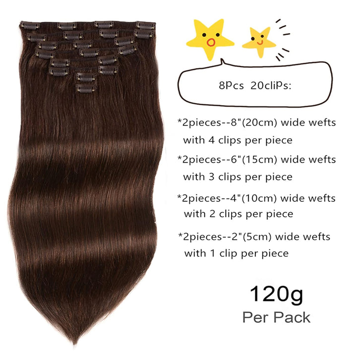 Clip in Hair Extensions Real Human Hair, 14Inch 8Ps 120G Handmade Real Human Hair Clip in Extensions Soft Silky Straight Dark Brown Hair Extensions Clip in Human Hair for Black Women