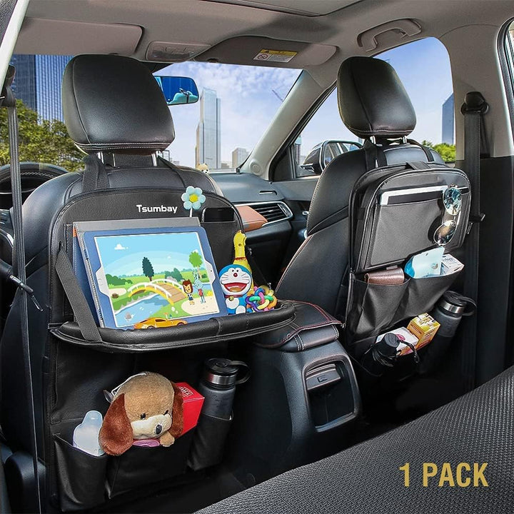 Car Backseat Organizer with Tablet Holder,9 Storage Pockets Foldable Table Tray Seat Back Protectors Kick Mats -PU Leather 1Pck