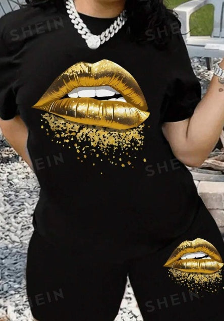 Women's Summer Casual Set Gold Lips Print Round Neck Short Sleeve T-Shirt And Shorts