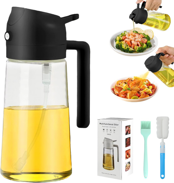 2 In 1 Oil Dispenser And Oil Sprayer, Oil Sprayer for Cooking, Cooking Oil Dispenser Sprayer, Oil Dispenser for Kitchen Spray, 2in1 Glass Olive Oil Dispenser Bottle (Black, 470ML)