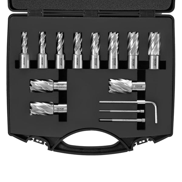 VEVOR Annular Cutter Set, 13 pcs Weldon Shank Mag Drill Bits, 1" Cutting Depth, 7/16" to 1-1/16" Cutting Diameter, M2AL HSS, 2 Pilot Pins, Hex Wrench and Portable Case, for Using with Magnetic Drills