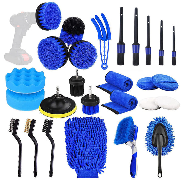 26Pcs Car Detailing Brush Kit Exterior Interior Car Cleaning Set Drill Brush Set Car Buffing Sponge Pads Kit for Cleaning Automobile Interior Exterior Wheels Dashboard