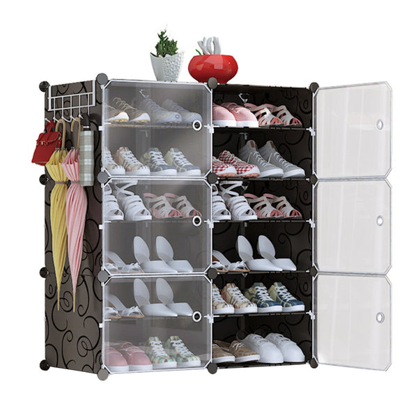 6-Tier 2-Row Shoe Rack Organizer Stackable Free Standing Shoe Storage Shelf Plastic Shoe Cabinet Tower with Transparent Doors for Heels Boots Slippers Entryway Hallway Bedroom