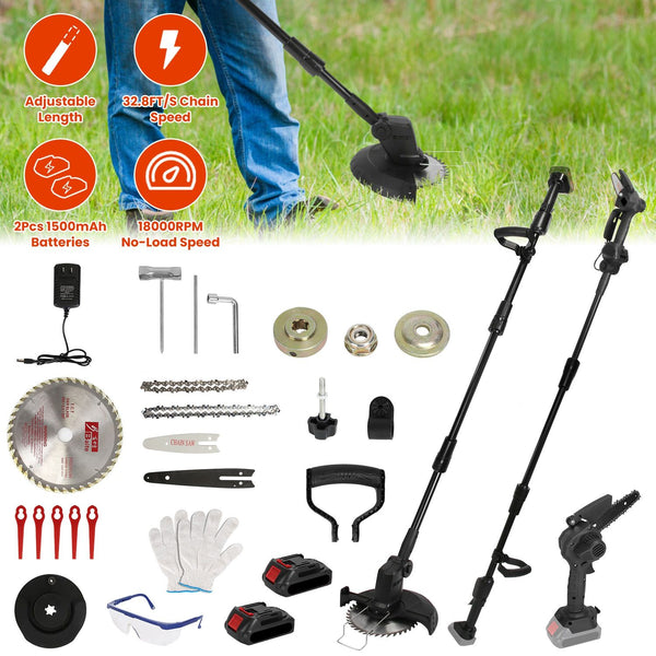 3-in-1 Cordless Electric Pole Saw & Mini Chainsaw & Grass Trimmer Kit with Adjustable Length 2Pcs 21V 1500mAh Batteries 4in/6in Chains Saw Blade 5Pcs Plastic Blades