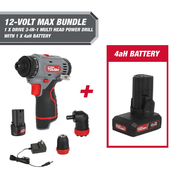 Hyper Tough 12-Volt Cordless 3-in-1 Drill Plus 4 Ah Battery