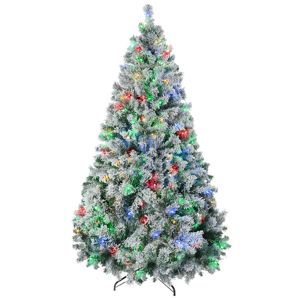 Prelit Artificial Christmas Tree Holiday Décor with Snow Flocked Branches, Warm White or Colorful LED Lights, Steel Base