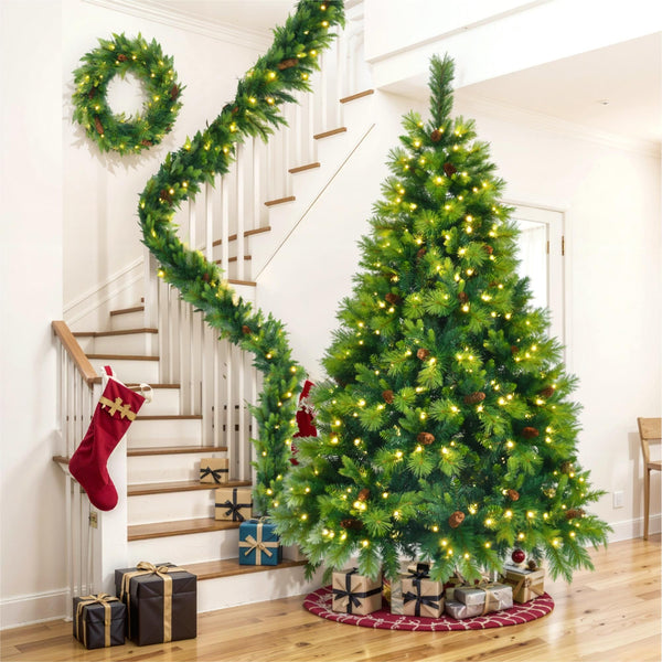 6FT Grass Green Christmas Tree, Large Branches Pine Tree, Pre-Lit Set with Tree & Garland & Wreath, Artificial Christmas with Pine Cones, Hinged Xmas Tree , for Holiday Party Ofiice Home