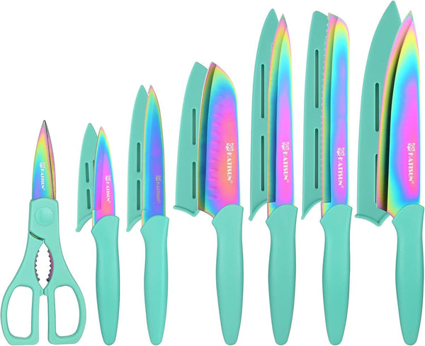 Kitchen Knife Set with Guards, 13 Piece Rainbow Titanium Coated Stainless Steel Boxed Knives Set, Anti-Rust and Dishwasher Safe, 6 Knives with 6 Blade Covers and Kitchen Shears