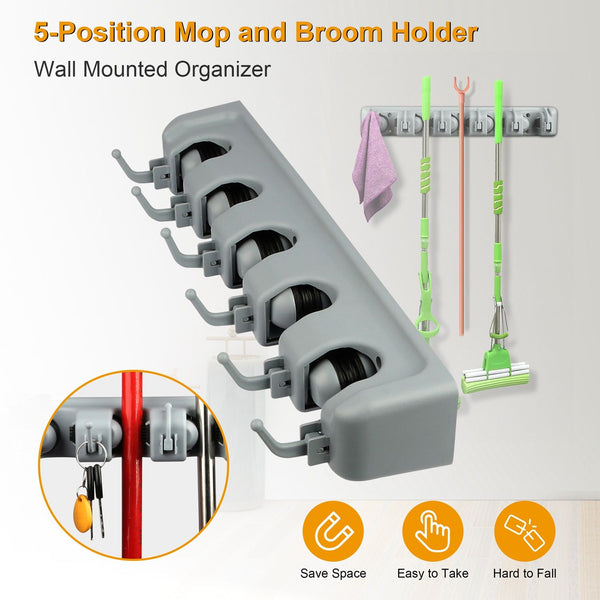 Mop Holder Wall Mount Mop Broom Holder Mop Hanger Organizer Storage Rack w/ 5-Position