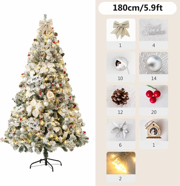 6FT/7FT Artificial Falling Snow Christmas Tree White Flocking with Plastic Silver Ball Bouquet LED Light Decoration & Metal Stand for Indoor or Outdoor Use