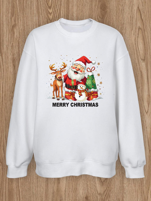 Women Basic Casual Pullover Spring Autumn Long Sleeve Santa Claus with Little Elk Snowman Printed Round Neck