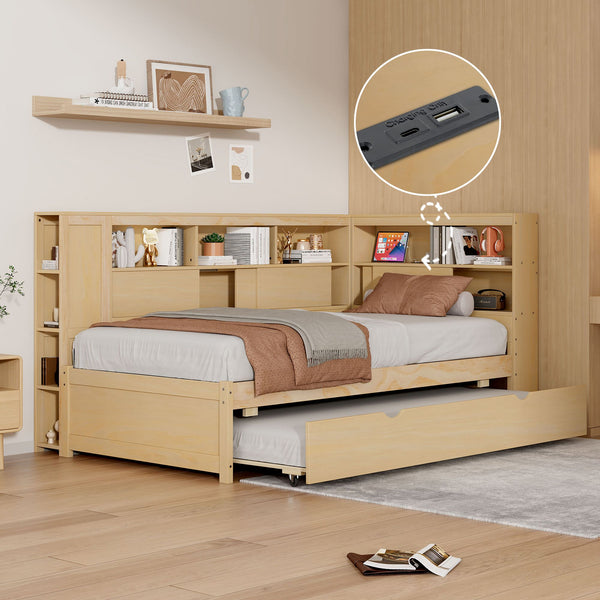 Twin Size Wood Daybed with Storage Shelves, USB and Trundle, Natural