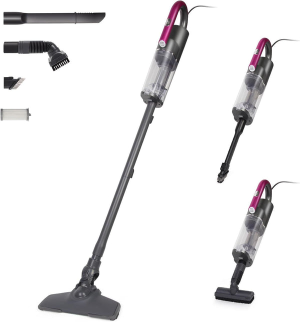 Corded stick vacuum cleaners. Three-in-one, lightweight. Powerful 14KPA suction. Double dust cup design. 23-foot cord. Ideal for home cleaning. Handles carpet, pet hair and floor well.