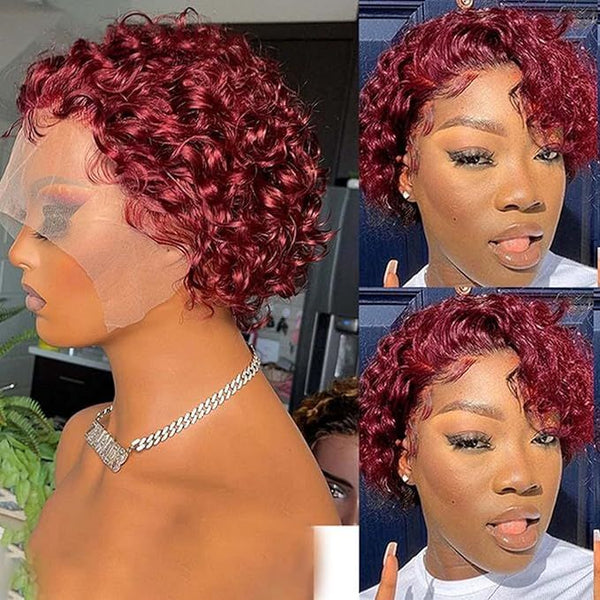 Pixie Cut 99J Color Lace Wig Spring Curl Short Human Hair Wig For Women Brazilian Burgundy Pixie Cut Wig