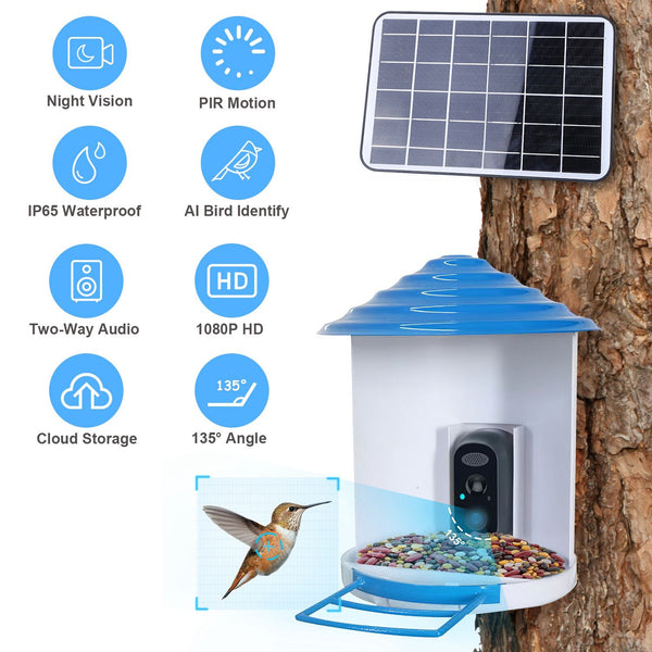 Smart Bird Feeder with Solar Powered Camera 1080P HD AI Identify PIR Motion Auto Capture Video Cloud Card Storage WiFi Connection App Control IP65 Waterproof