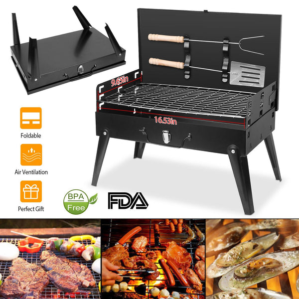 16.7x10x17.7in Portable Charcoal Grill Foldable BBQ Suitcase Grill Shelf For Outdoor Camping Picnics Garden Grilling