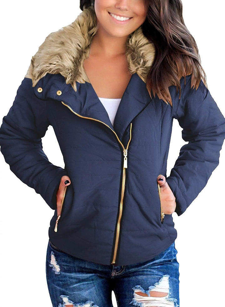 Women Parka Coat Pockets Quilted Puffer Jacket with Faux Fur Lapel, Size S-2XL