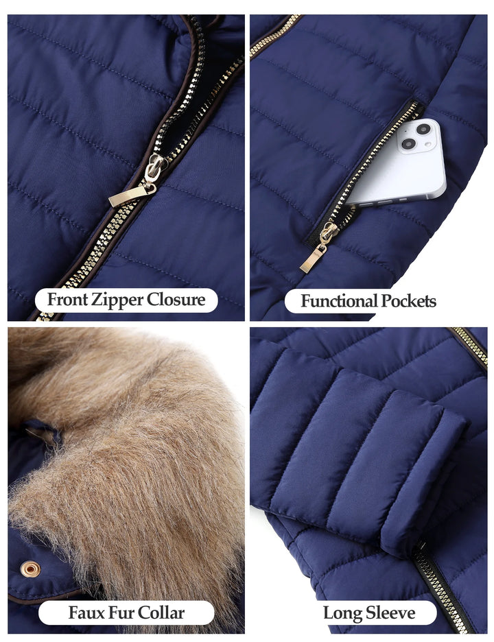 Women Parka Coat Pockets Quilted Puffer Jacket with Faux Fur Lapel, Size S-2XL