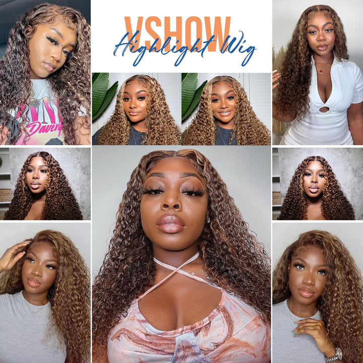 Highlight Water Wave Transparent Lace Front Wigs Human Hair Pre Plucked 20 Inch 180% Density #4/27 Ombre Colored Glueless Curly Wave Honey Blonde Hair Wigs for Women