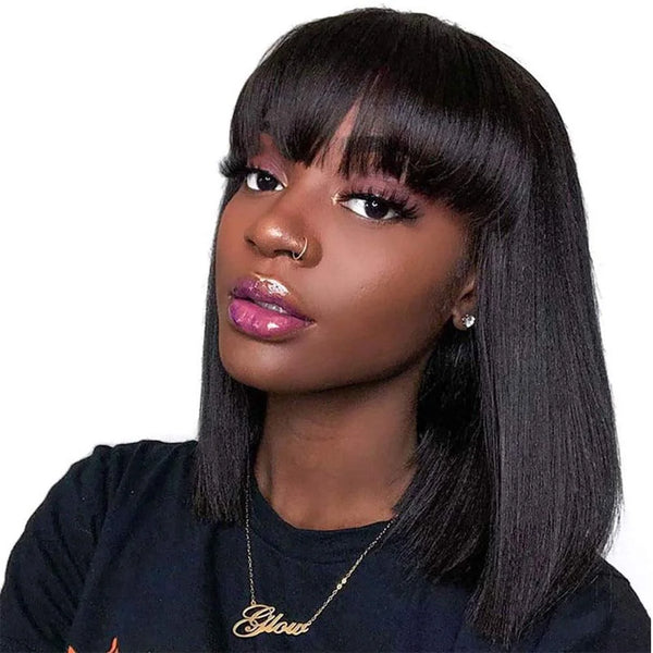 Short Bob Wigs for Black Women Human Hair Wigs with Bangs Straight Wigs 100% Brazilian Virgin Hair Glueless Machine Made Wig Natural Color Short Bob Wigs 12 Inch