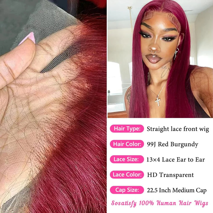 SOSATISFY Straight 99J Burgundy Lace Front Wigs Human Hair 13X4 Glueless HD Transparent Red Wig Human Hair Lace Front 180% Density Colored Wigs for Women Pre Plucked with Baby Hair (22 Inch)