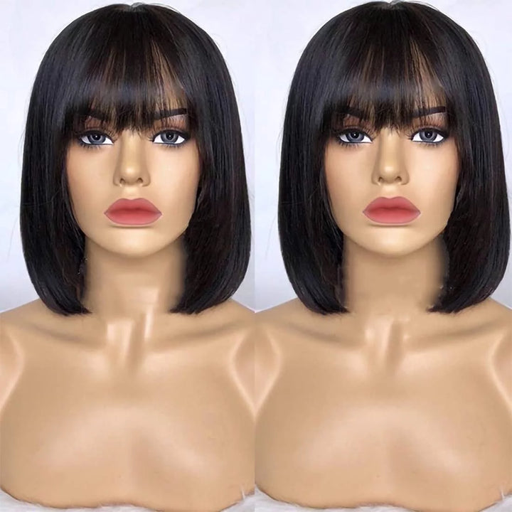 Short Bob Wigs for Black Women Human Hair Wigs with Bangs Straight Wigs 100% Brazilian Virgin Hair Glueless Machine Made Wig Natural Color Short Bob Wigs 12 Inch