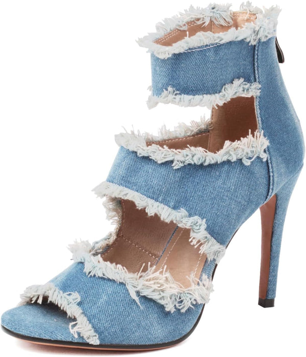 Women‘S Denim Heels Ankle Strap Peep Toe Heeled Sandals