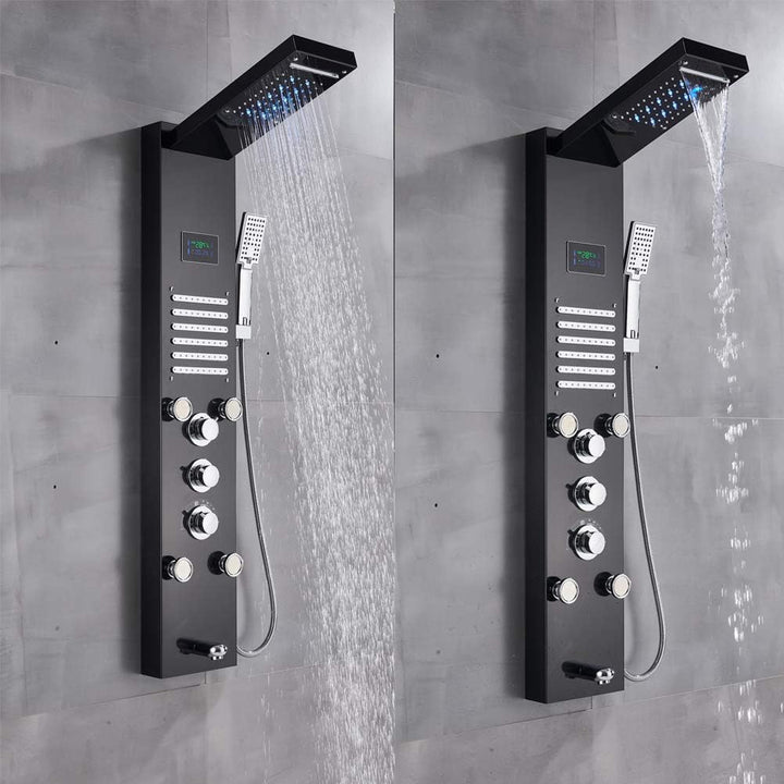 LED Light Shower Panel Tower System Stainless Steel LED Rainfall Waterfall Shower Head Hydroelectricity Display Massage Spray with Hand Shower Black Shower Tower Wall Mount Shower Panels