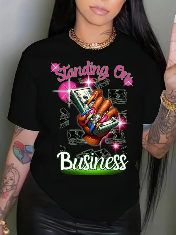 Women's Business Print T-shirt,  Fashion Casual Short Sleeve