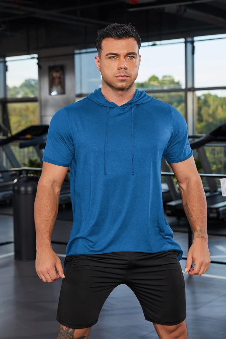 Workout Shirts for Men Muscle T-Shirt Bodybuilding Gym Tee Short Sleeve Hooded Fitted Shirts