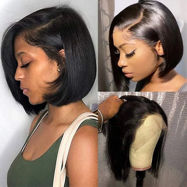 Black Wigs for Women Lace Front Wigs Human Hair Pre Plucked 8Inch Short Straight Bob Wig