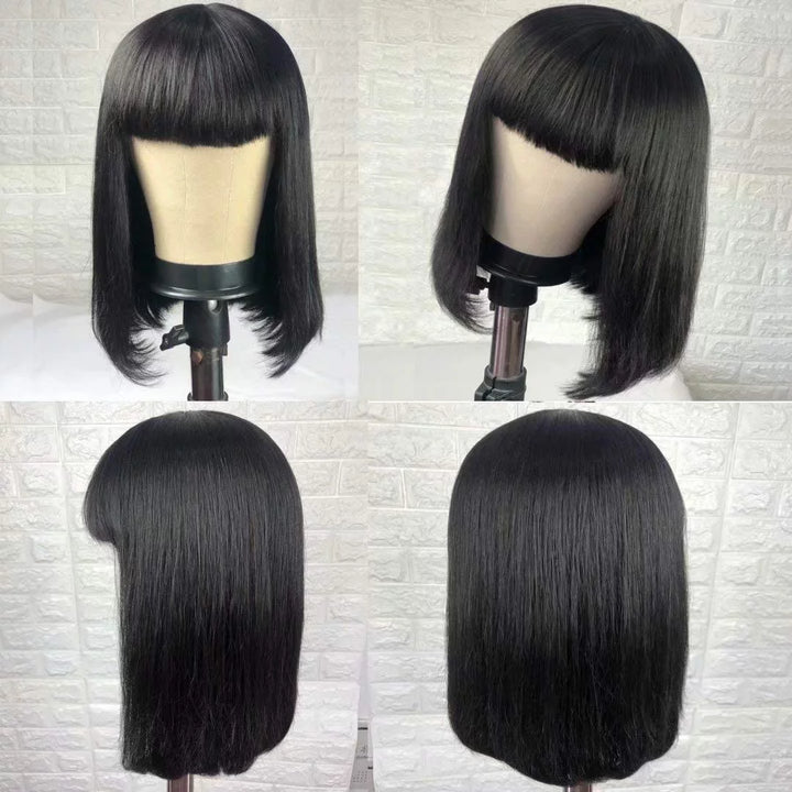 Short Bob Wigs for Black Women Human Hair Wigs with Bangs Straight Wigs 100% Brazilian Virgin Hair Glueless Machine Made Wig Natural Color Short Bob Wigs 12 Inch